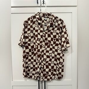 Earthbound Men’s Button-Up Shirt – Brown & White Wavy Checkered Pattern size XL
